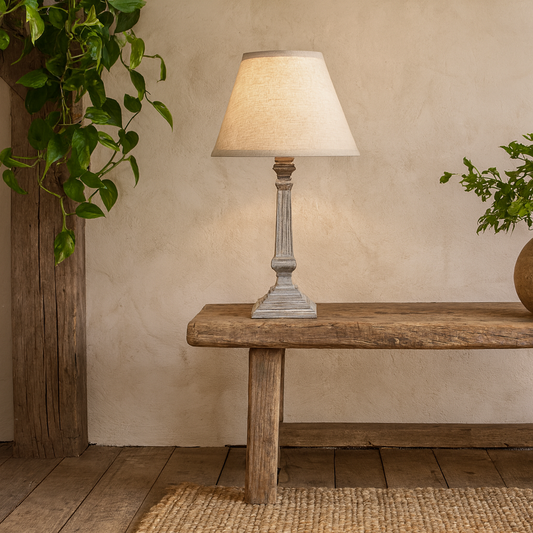 Collioure White Washed Wooden Pedestal Table Lamp With Cream Linen Shade
