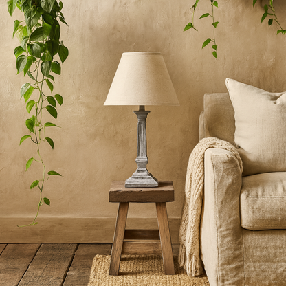 Collioure White Washed Wooden Pedestal Table Lamp With Cream Linen Shade