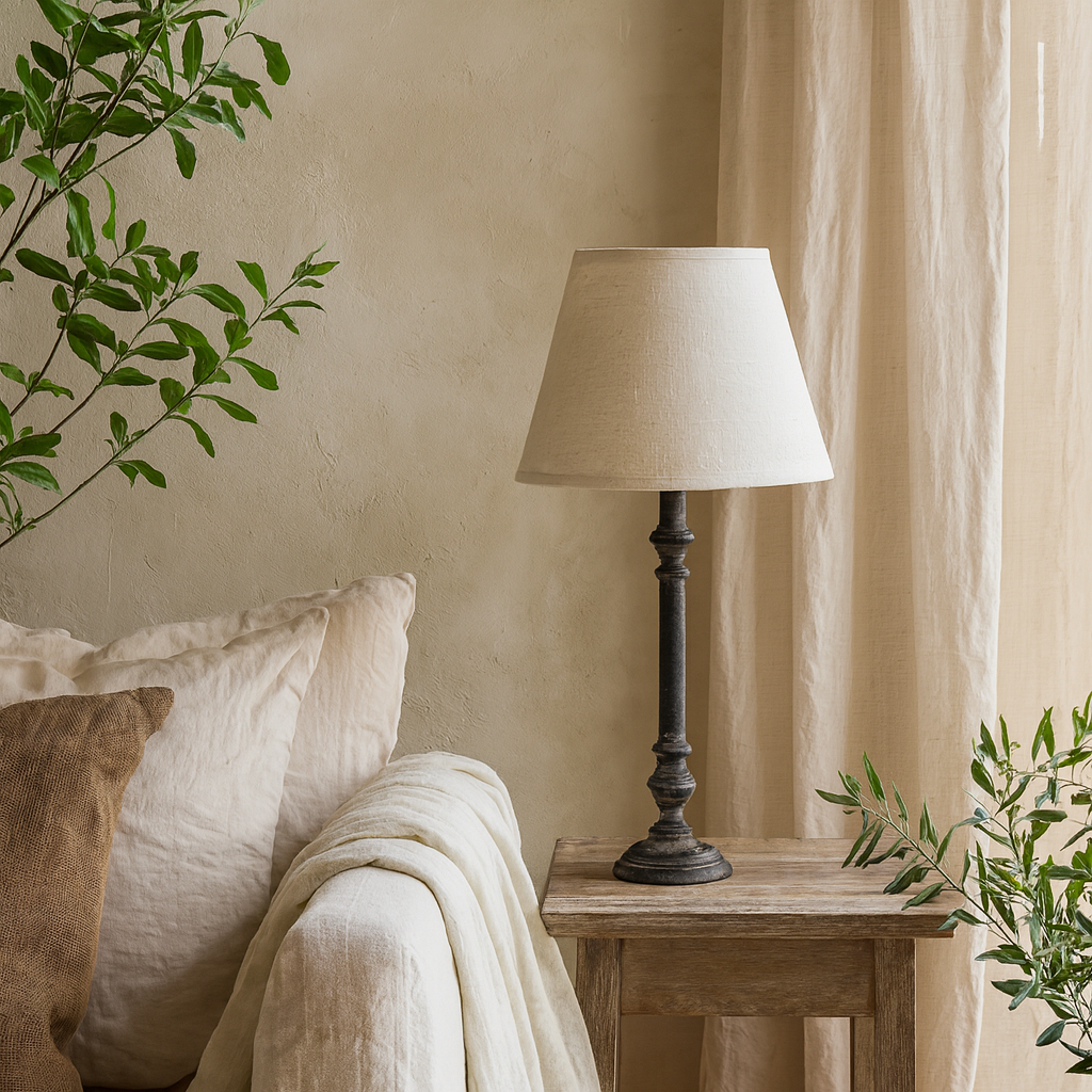 Villeneuve Turned Wooden Pillar Table Lamp With Cream Linen Shade