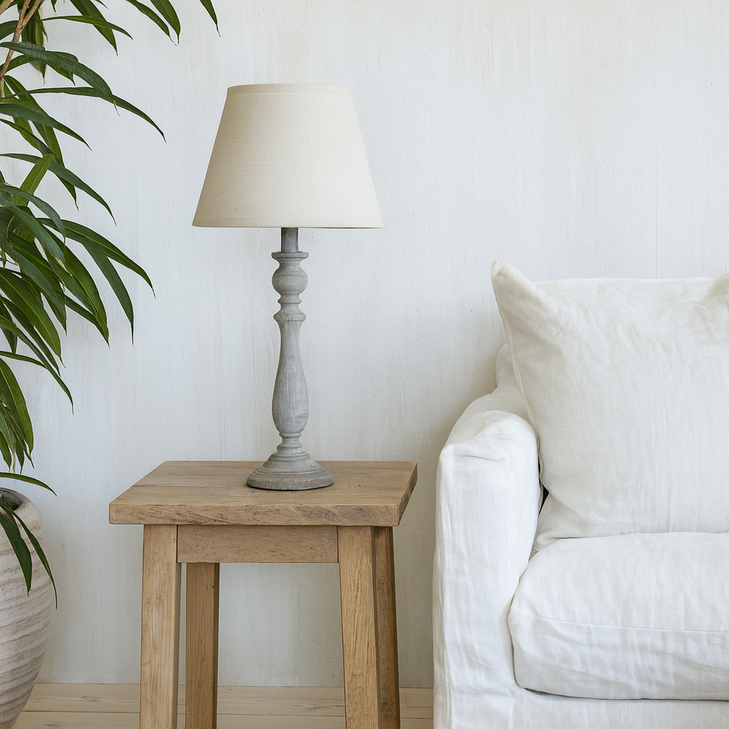 Giverny White Washed Turned Wooden Pillar Table Lamp With Cream Linen Shade