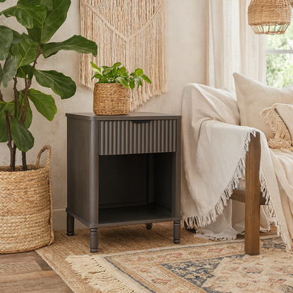 Sagevale 1 Drawer Ribbed Wooden Cabinet Open Shelf