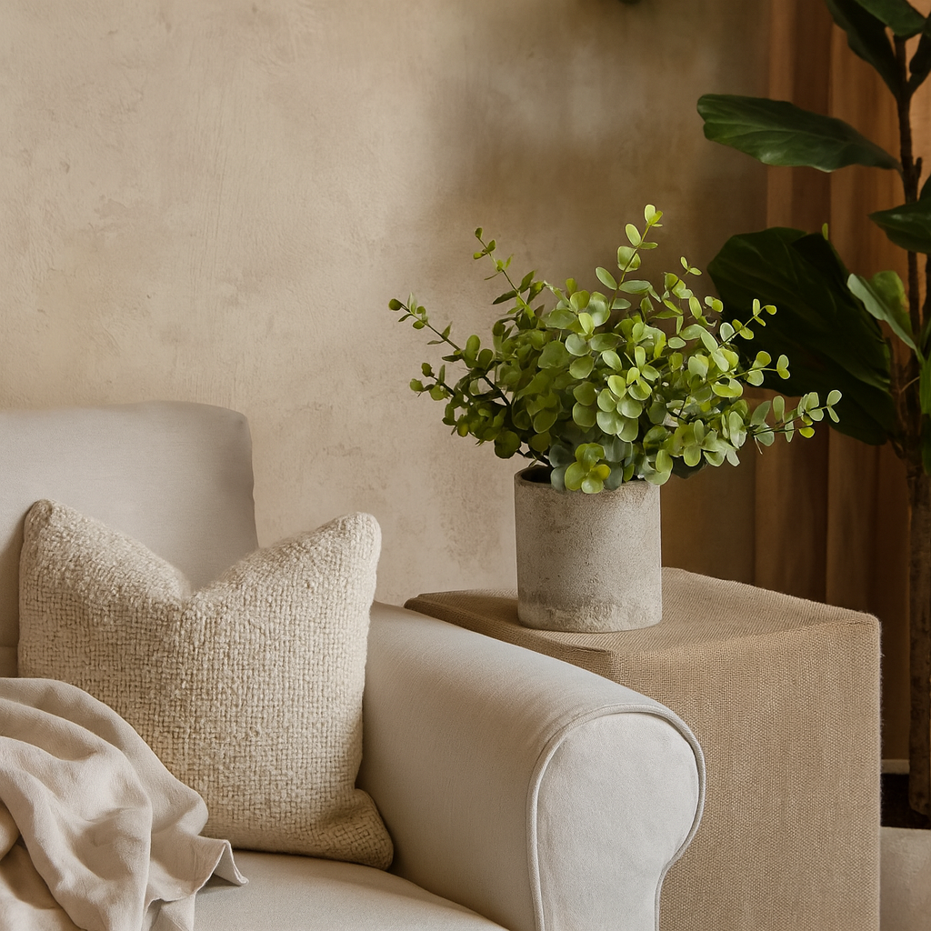 Small Artificial Button Eucalyptus Plant In Grey Creamic Pot