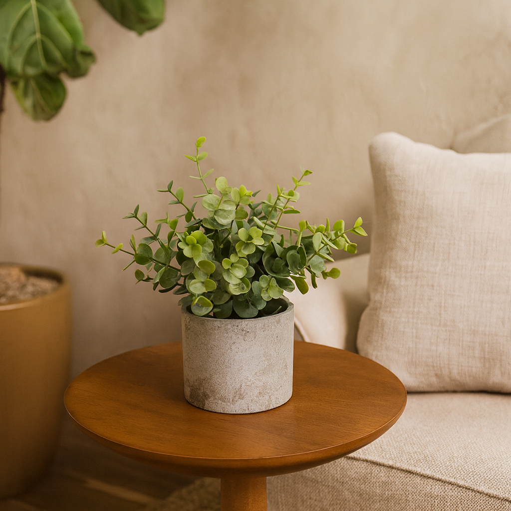Small Artificial Button Eucalyptus Plant In Grey Creamic Pot