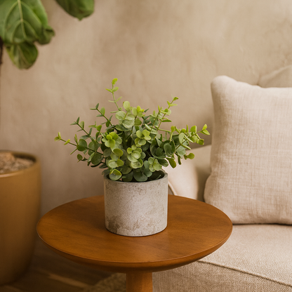 Small Artificial Button Eucalyptus Plant In Grey Creamic Pot