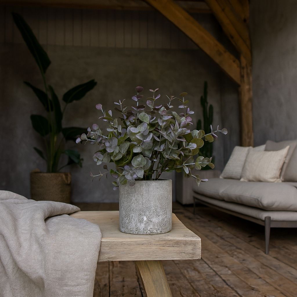 Small Artificial Eucalyptus Cinerea Plant In Grey Ceramic Pot