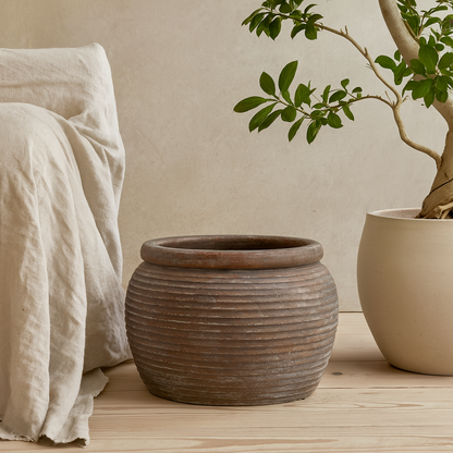 Small Dark Brown Round Etched Plant Pot