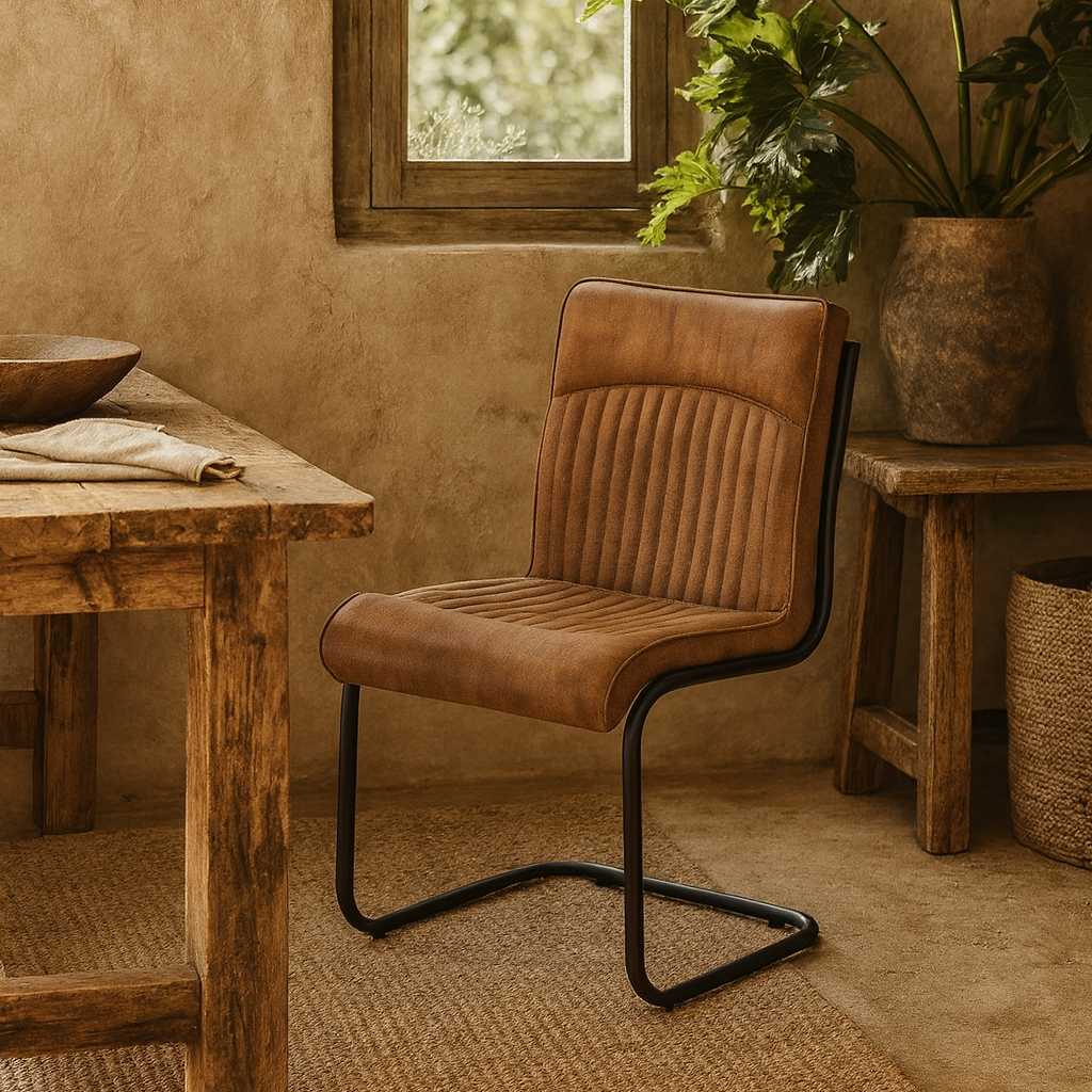 Germain Tan Brown Upholstered Ribbed Leather Dining Chair