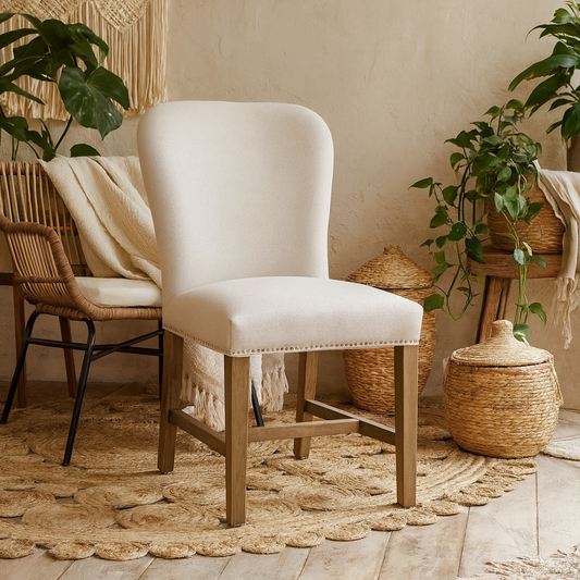 Poët Minimalist Soft Grey Upholstered Studs Dining Chair