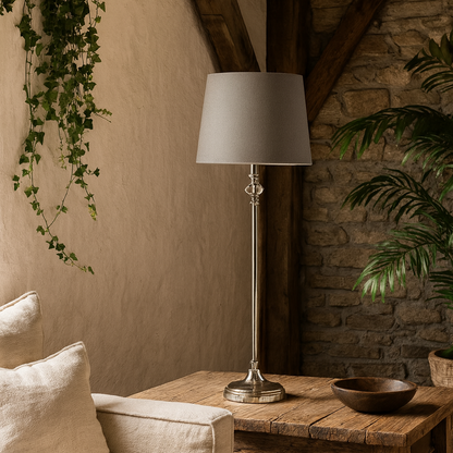 Mosswick Chrome Table Lamp with Grey Herringbone Shade