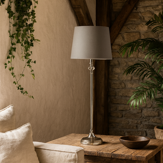 Mosswick Chrome Table Lamp with Grey Herringbone Shade