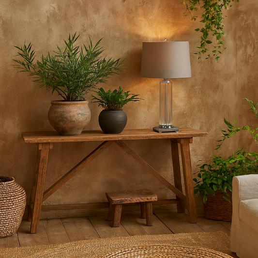 Florence Ribbed Clear Glass Table Lamp with Grey Herringbone Shade