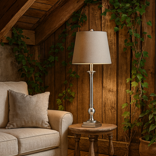 Meadow Chrome Table Lamp with Grey Herringbone Shade