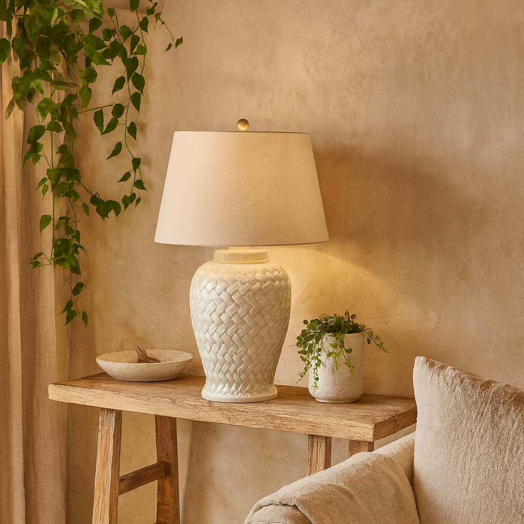 Bloomvale Woven Ceramic Table Lamp With Linen Shade