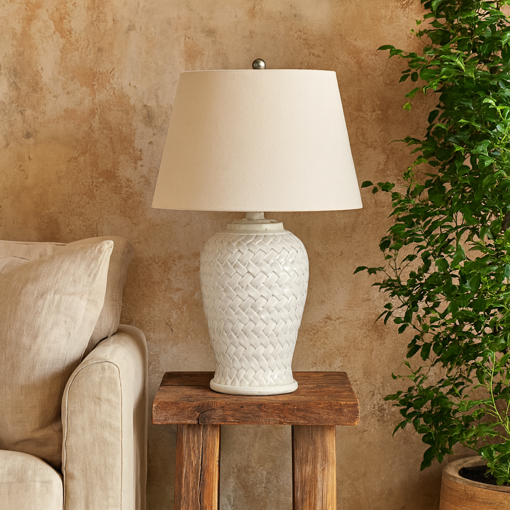 Bloomvale Woven Ceramic Table Lamp With Linen Shade