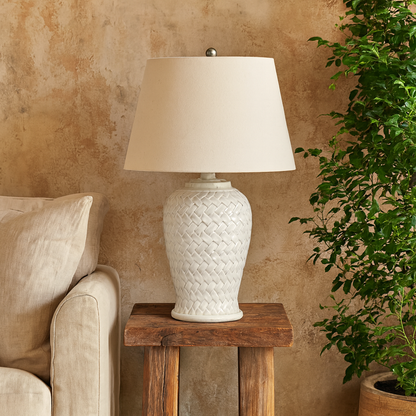 Bloomvale Woven Ceramic Table Lamp With Linen Shade