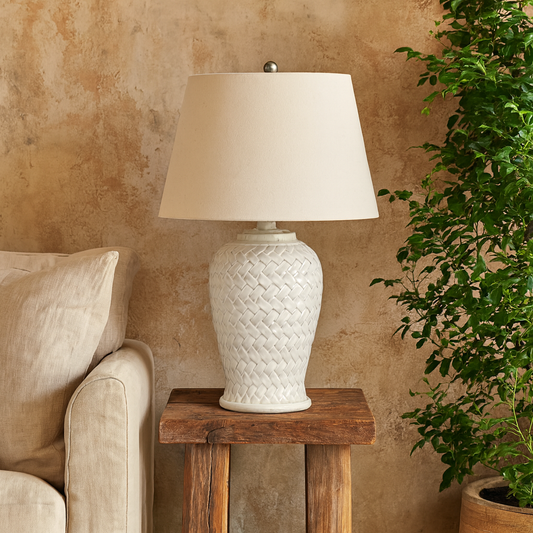 Bloomvale Woven Ceramic Table Lamp With Linen Shade