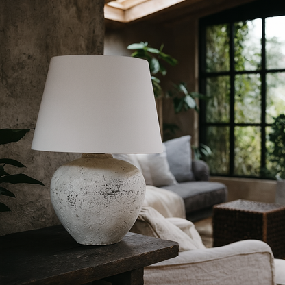 Venice Large Aged Grey Stone Ceramic Table Lamp with Speckled Finish and Fabric Shade