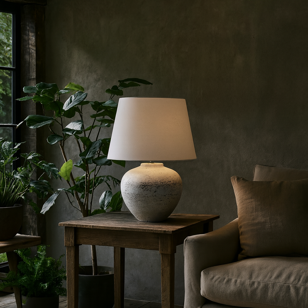 Venice Large Aged Grey Stone Ceramic Table Lamp with Speckled Finish and Fabric Shade