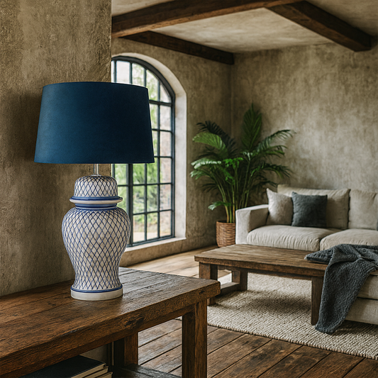 Messina Blue And White Lattice Ceramic Lamp With Blue Velvet Shade