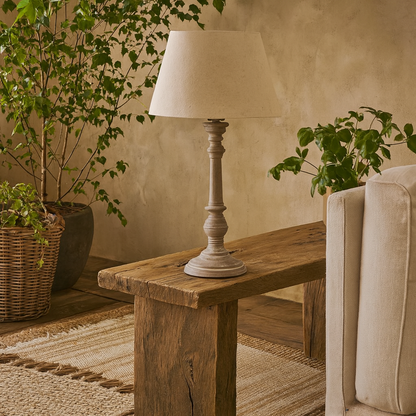 Turin Rustic Tall Distressed Grey Wooden Table Lamp with Cream Linen Shade