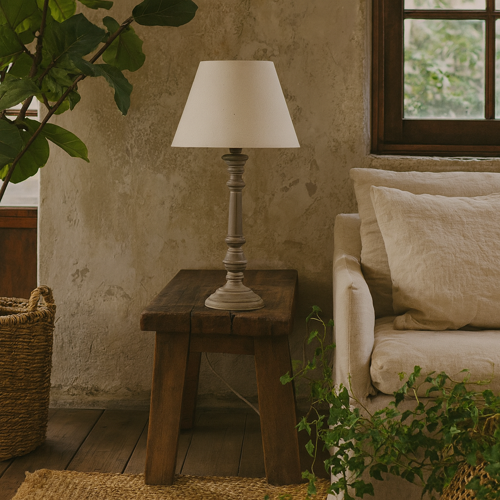 Turin Rustic Tall Distressed Grey Wooden Table Lamp with Cream Linen Shade