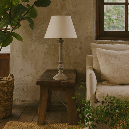 Turin Rustic Tall Distressed Grey Wooden Table Lamp with Cream Linen Shade