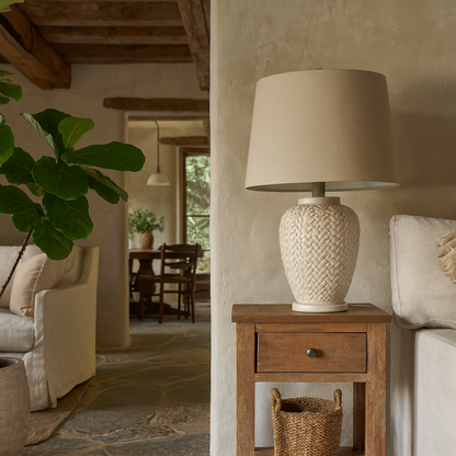 Palermo Cream Ceramic Table Lamp with Woven Pattern Base and Natural Fabric Shade