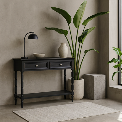 Ploumanach 2 Drawer Black Wooden Console Bottom Shelf