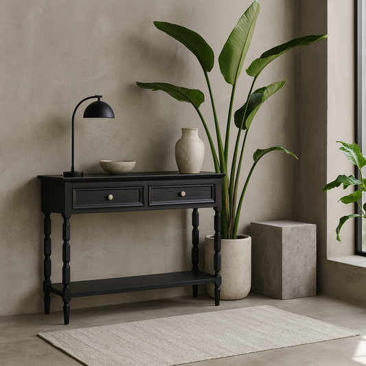 Ploumanach 2 Drawer Black Wooden Console Bottom Shelf