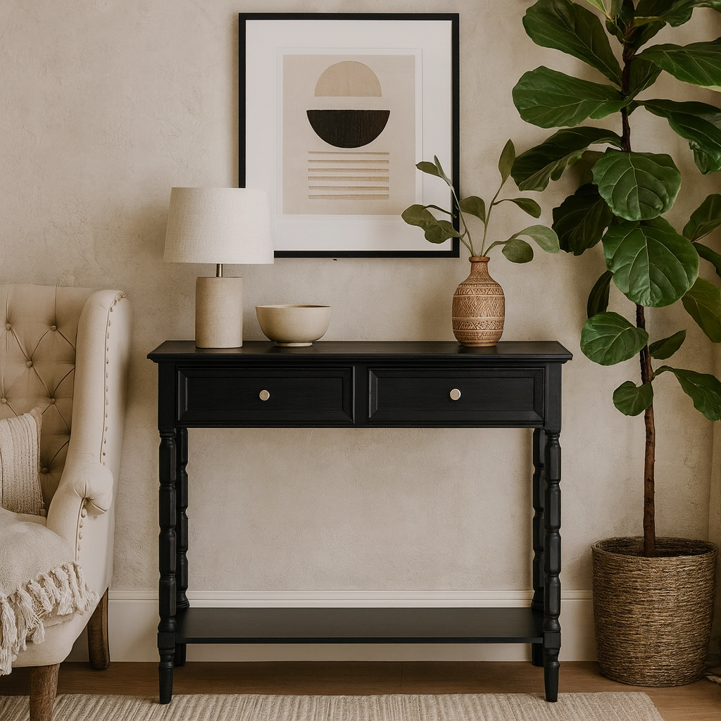 Ploumanach 2 Drawer Black Wooden Console Bottom Shelf