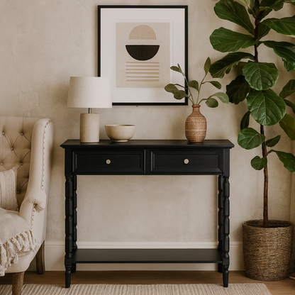 Ploumanach 2 Drawer Black Wooden Console Bottom Shelf