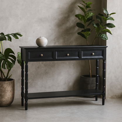 Ploumanach 3 Drawer Black Wooden Console Bottom Shelf