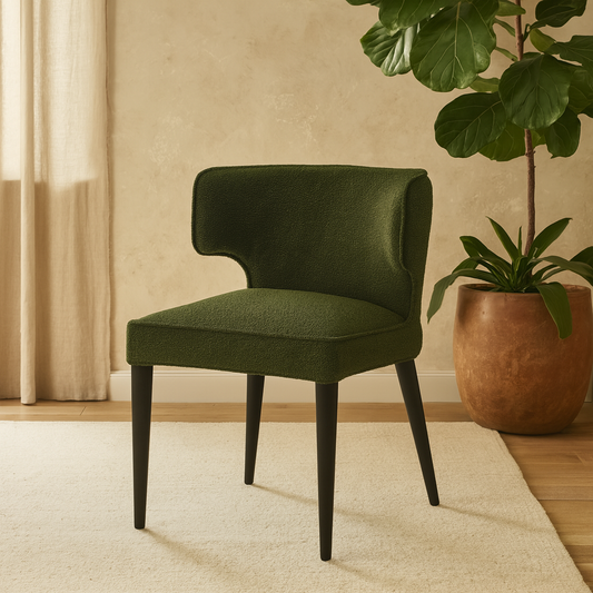 Mirmande Mid Century Upholstered Curved Green Dining Chair with Wooden Legs
