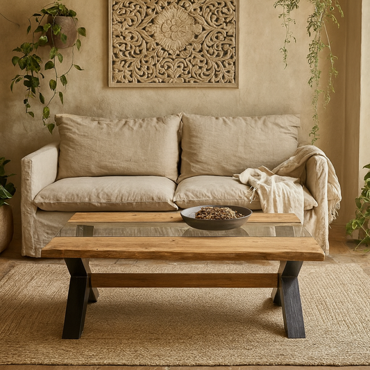 Vouvant Live Edge  Light Acacia Wood and Glass Coffee Table