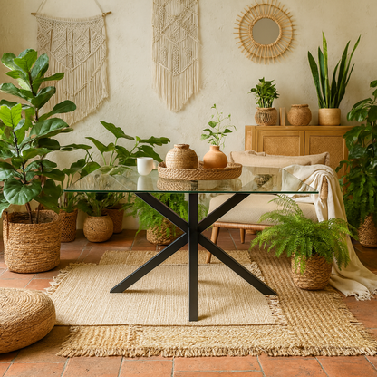 Saignon Rectangular Glass Dining Table industrial Cross X Black Metal Legs