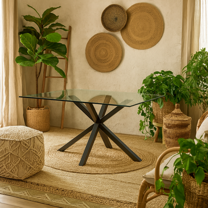 Saignon Rectangular Glass Dining Table industrial Cross X Black Metal Legs