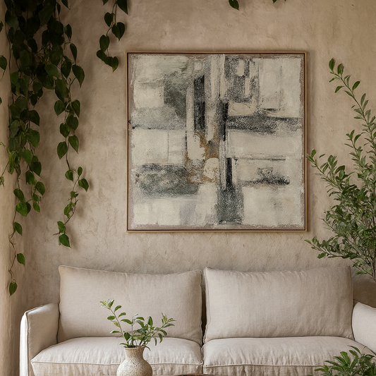 Aigueze Hand Painted Earthy Textured Grey Square Canvas In Frame