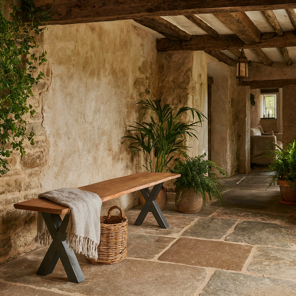 Vouvant Live Edge Acacia Wood Bench Black Metal X Frame