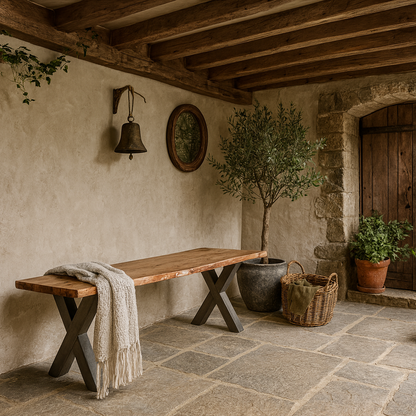 Vouvant Live Edge Acacia Wood Bench Black Metal X Frame