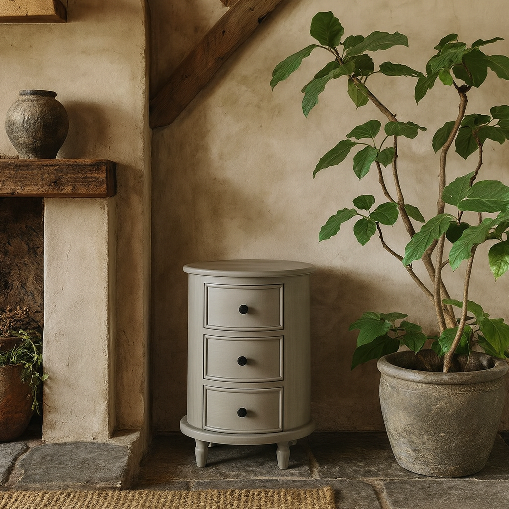 Thuy Grey Wood Half Moon 3 Drawer Round Side Table