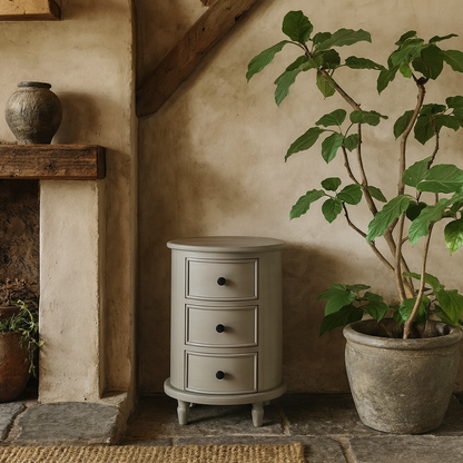 Thuy Grey Wood Half Moon 3 Drawer Round Side Table