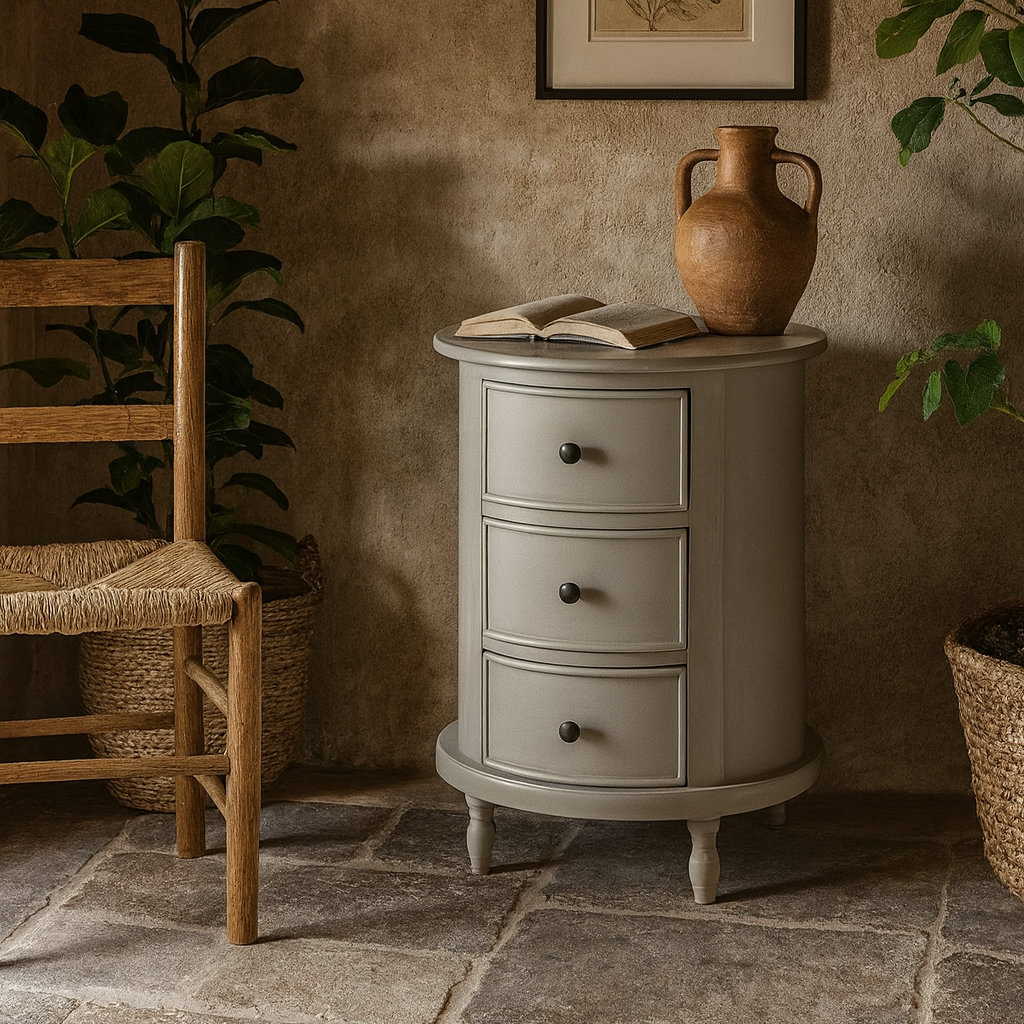 Thuy Grey Wood Half Moon 3 Drawer Round Side Table