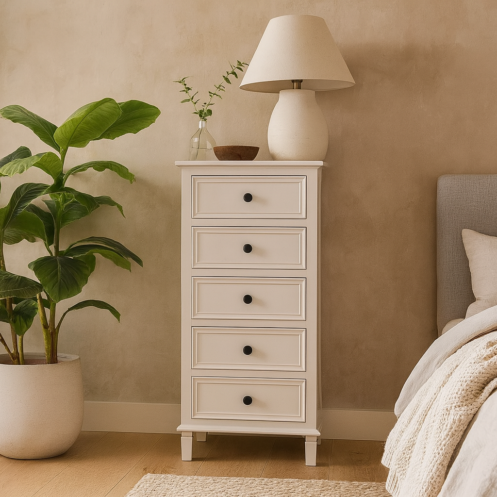 Rochemaure White Wooden 5 Drawer Tallboy