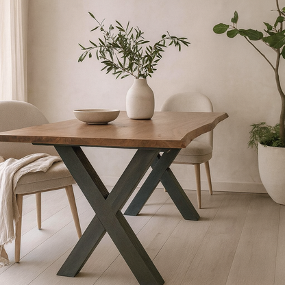 Vouvant Live Edge Acacia Wood Dining Table Black Metal X Frame