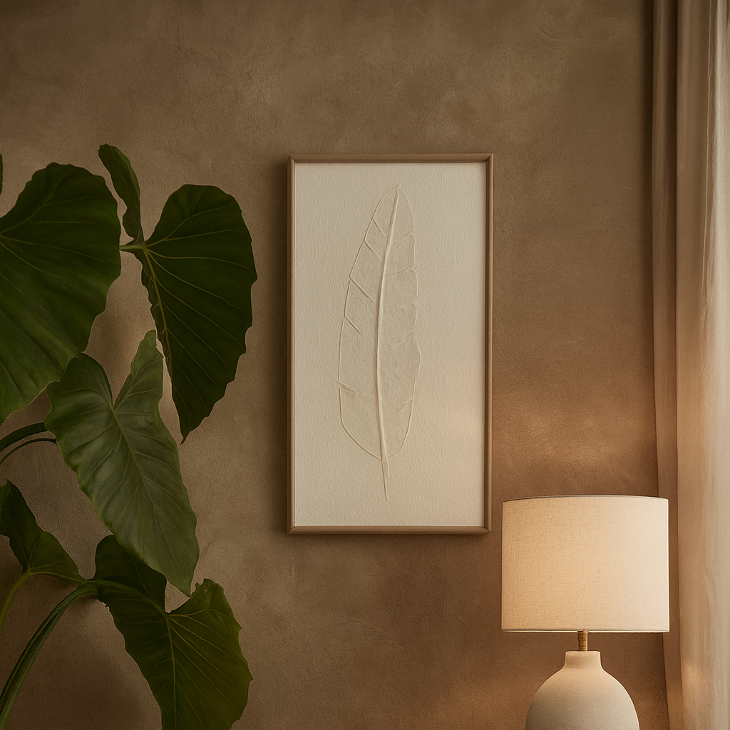 Les Vans Large White Embossed Feather In Natural Wooden Beaded Frame