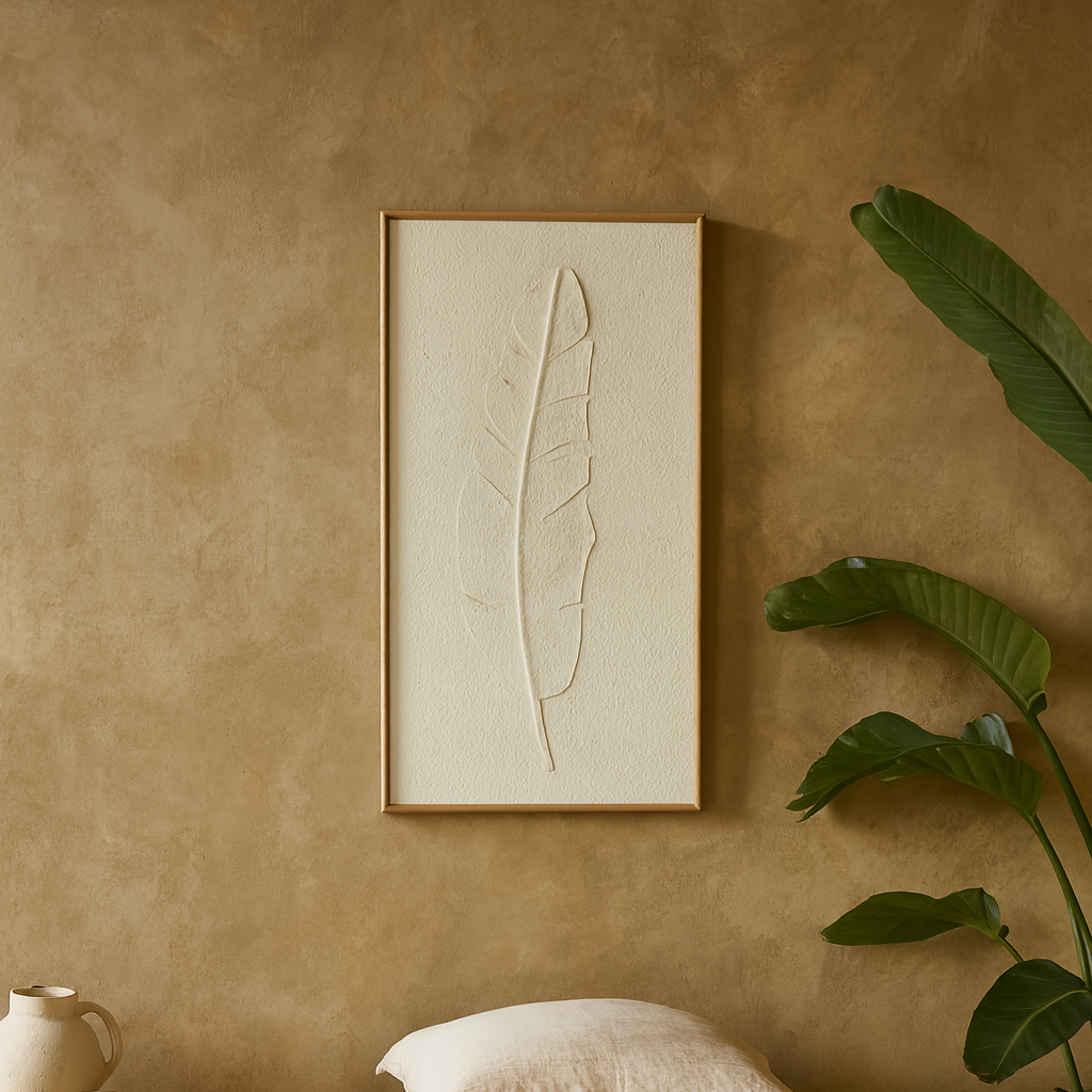 Les Vans Large White Embossed Feather In Natural Wooden Beaded Frame