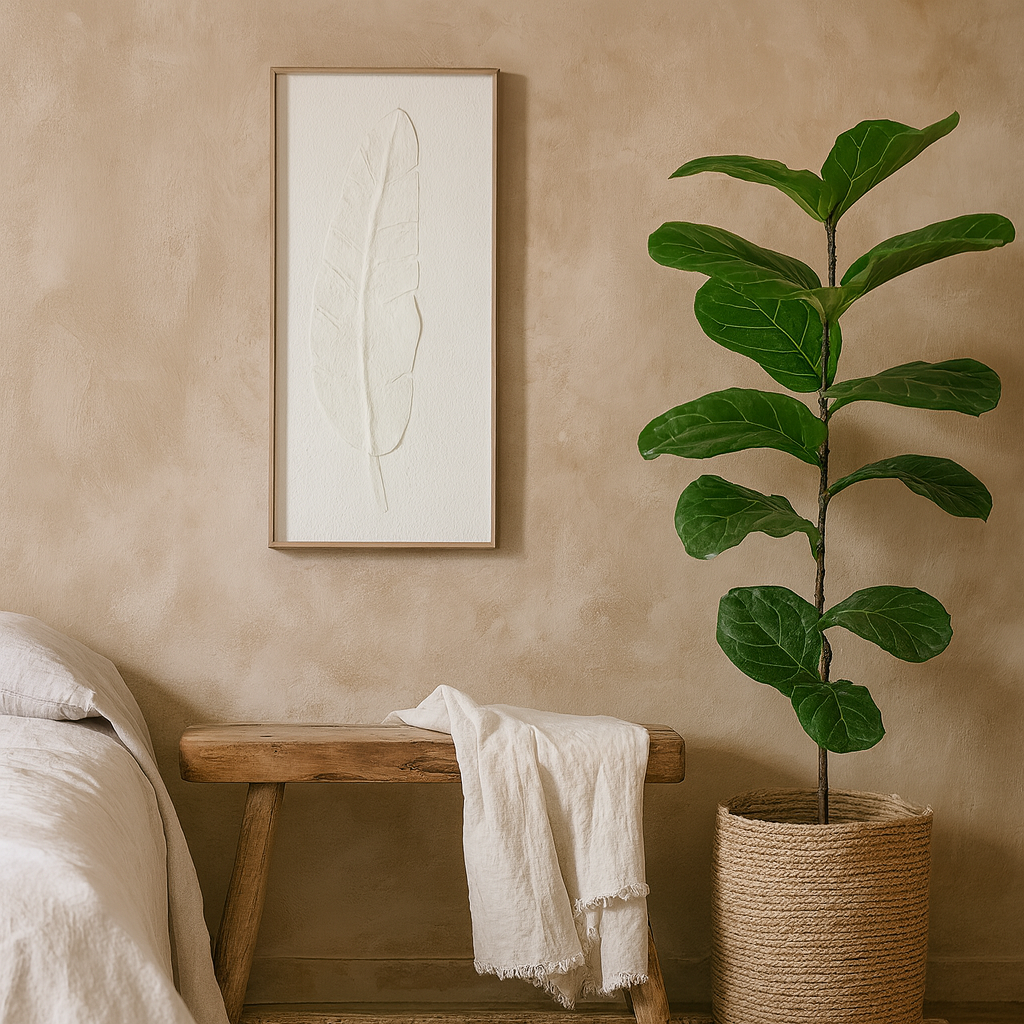 Les Vans Large White Embossed Feather In Natural Wooden Beaded Frame