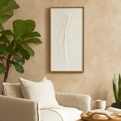 Les Vans Large White Embossed Feather In Natural Wooden Beaded Frame