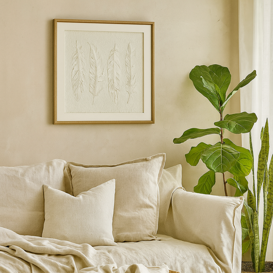 Les Vans White Feathers Art In Square Natural Wooden Beaded Frame