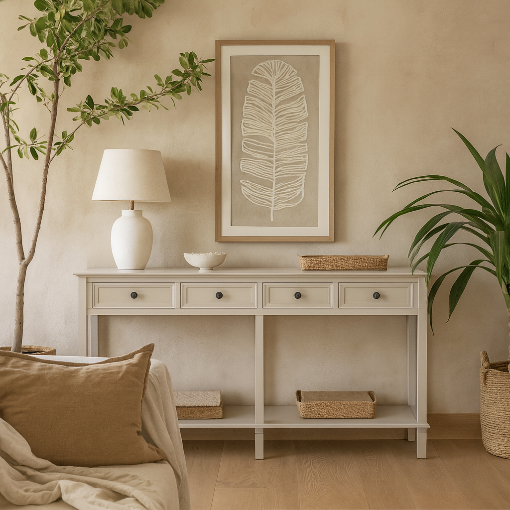 Rochemaure White 4 Drawer Console Bottom Shelf